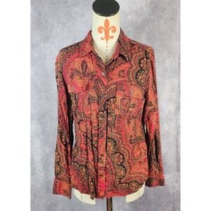 Lucky Brand Women M Button Down Shirt Top Rayon Ethnic Floral Red Black EUC